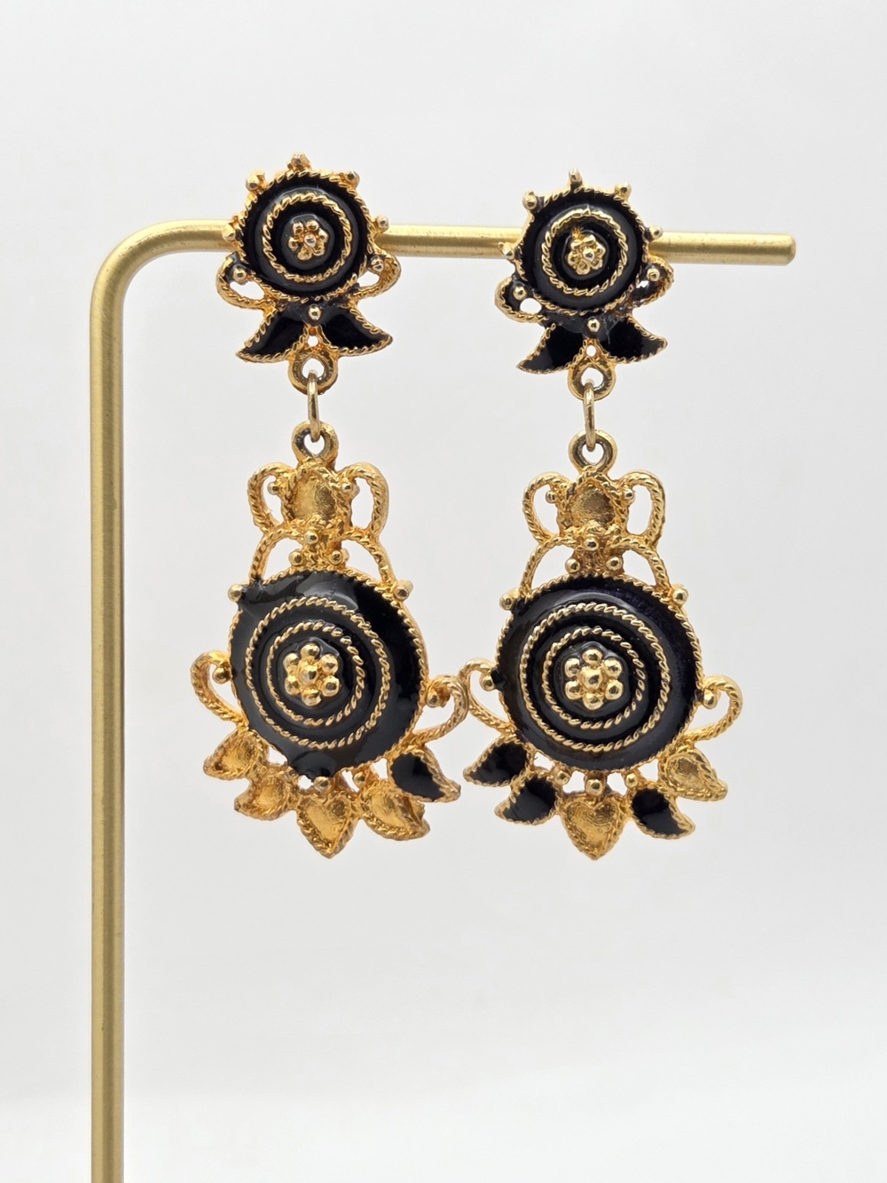 Vintage Gold Tone Black Enamel Dangle Earrings Baroque Ornate Statement Drop